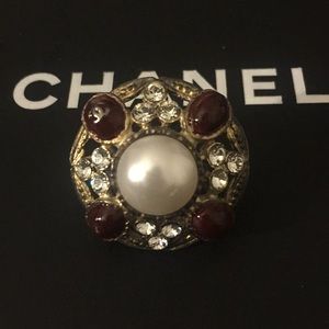 Chanel Pearl Brooch/Pin w/ Crystals & Red Stones